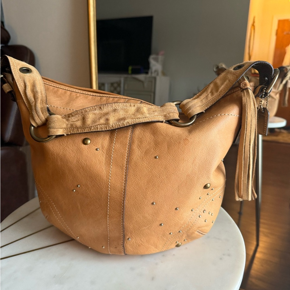 Coach Soho Hobo Vintage Tan Studded Crystal Shoulder Bag Suede Strap - Picture 2 of 9